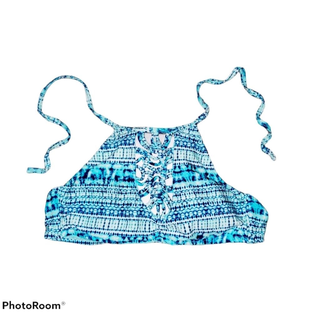 Island Soul NWOT Swim Tie at Neck Lattice Design Bikini Bra Top Blue White 393